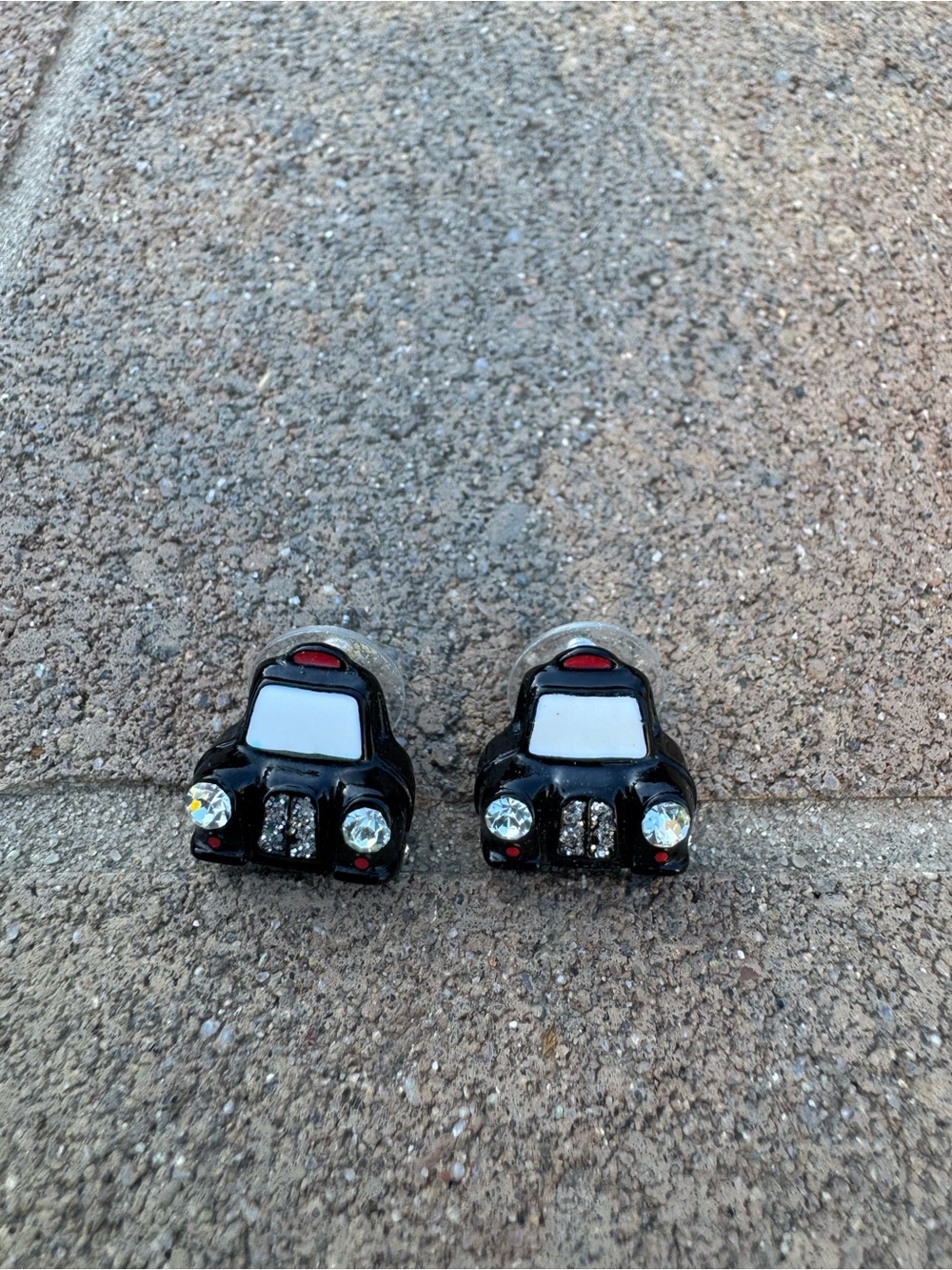 Betsy Johnson Black Car Stud Earrings with Crystal Accents